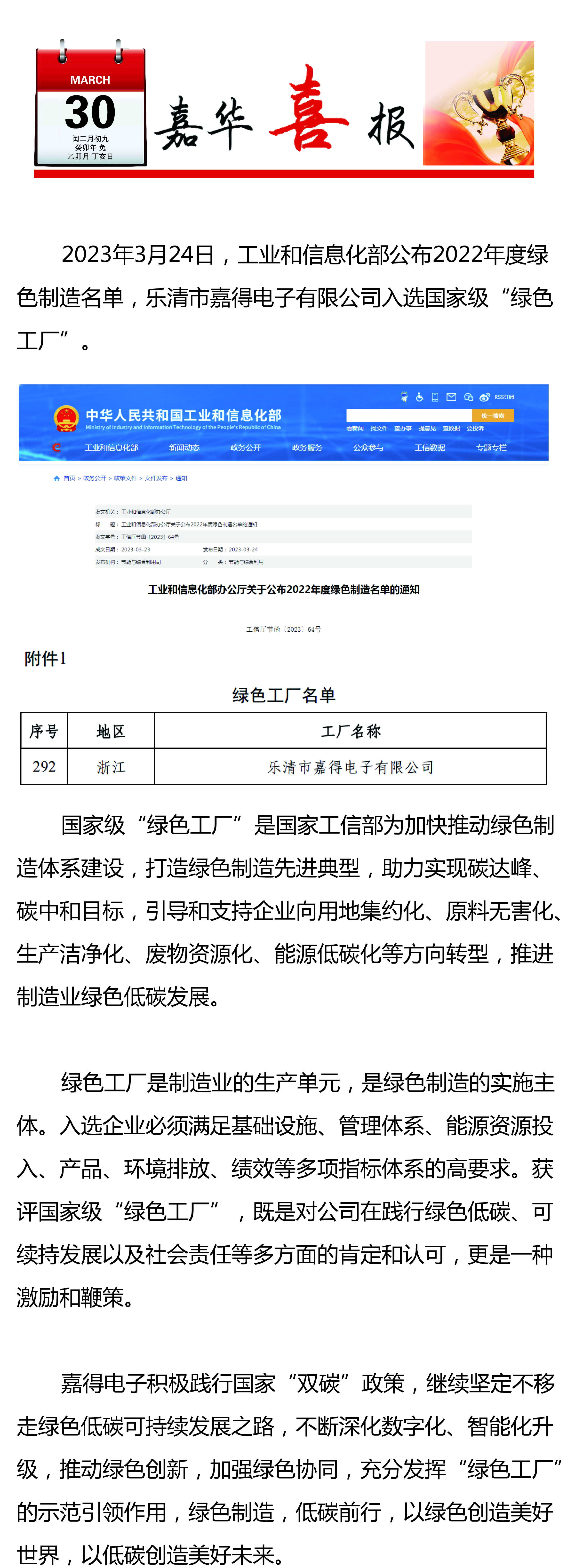 綠色制造 低碳前行/樂清市嘉得電子有限公司入選國家級“綠色工廠” 